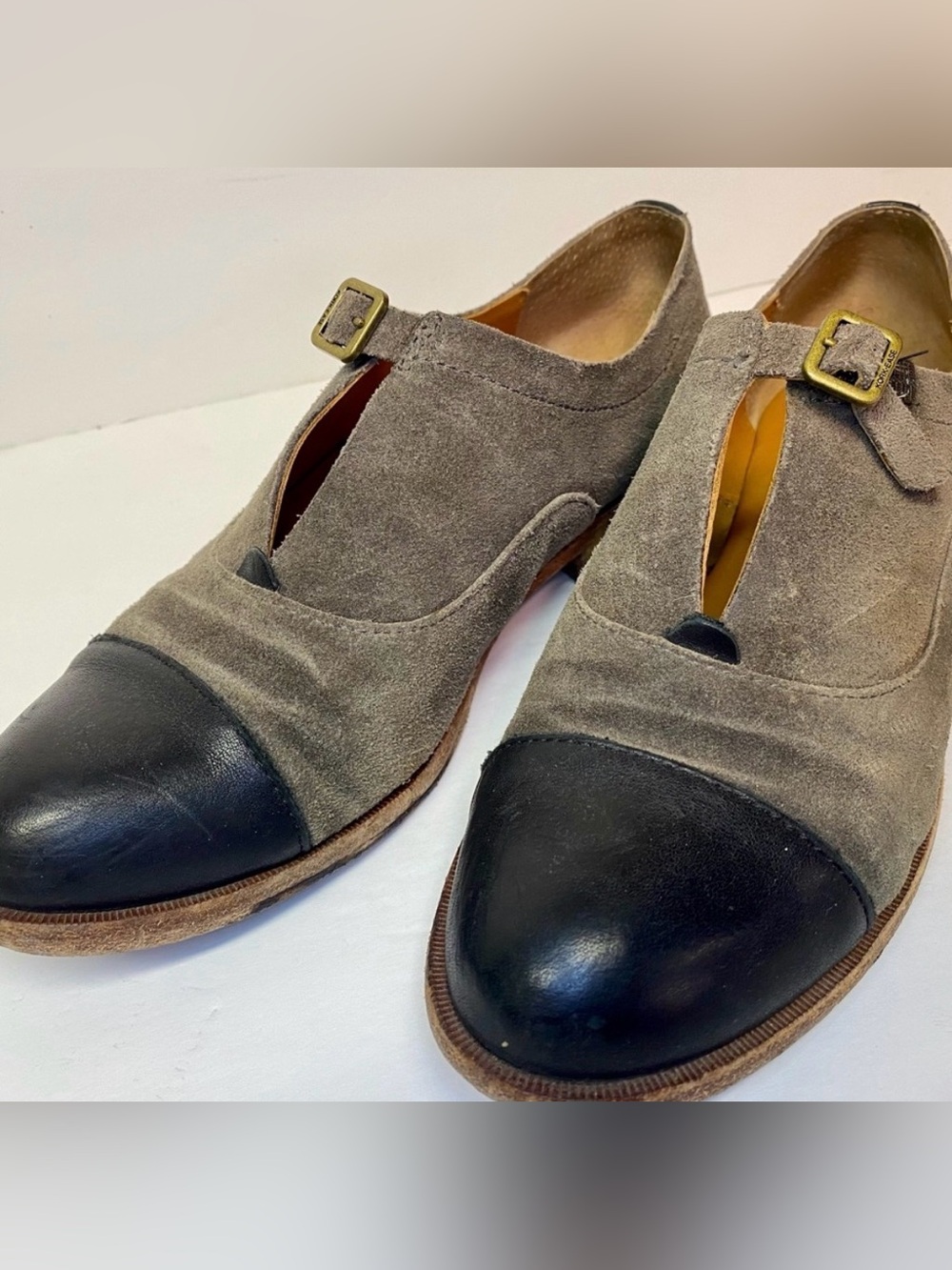 Kork-Ease sz 39 Two-Tone Suede and Leather Cap-Toe Buckle Loafers - Gray/Navy